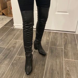 Over the knee, black, block heeled boots
